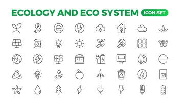 ecología icono colocar. Respetuoso del medio ambiente icono, naturaleza íconos colocar. lineal ecología iconos ambiental sustentabilidad sencillo símbolo. sencillo conjunto de línea iconos.global calentamiento, bosques, orgánico agricultura. vector