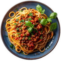 Spaghetti Bolognese isoliert. Spaghetti Bolognese auf Teller oben Sicht. Italienisch Küche mit gehackt Fleisch und Tomaten png