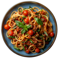 espaguete bolonhesa isolado. espaguete bolonhesa em prato topo visualizar. italiano cozinha com picado carne e tomates png