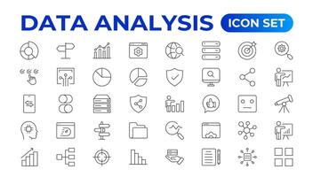 Data analytics icon set. Big data analysis technology symbol. Containing database,computing and network icons. Solid icons collection. Data line Analytics, AI, hosting, monitoring. outline icon vector