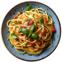 Spaghetti carbonara isolated. Spaghetti carbonara on plate top view isolated. Italian cuisine with tomato sauce png