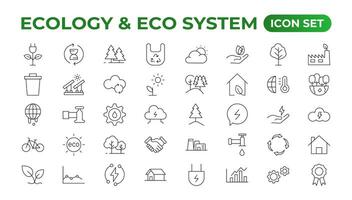 ecología icono colocar. Respetuoso del medio ambiente icono, naturaleza íconos colocar. lineal ecología iconos ambiental sustentabilidad sencillo símbolo. sencillo conjunto de línea iconos global calentamiento, bosques, orgánico agricultura. vector