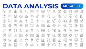 Data analytics icon set. Big data analysis technology symbol. Containing database, computing and network icons. Solid icons collection. Data line Analytics, AI, hosting, monitoring. outline icon vector