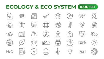 ecología icono colocar. Respetuoso del medio ambiente icono, naturaleza íconos colocar. lineal ecología iconos ambiental sustentabilidad sencillo símbolo. sencillo conjunto de línea iconos global calentamiento, bosques, orgánico agricultura. vector