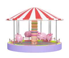 Carousel or merry go round with piggy bank isolated. 3d render illustration png