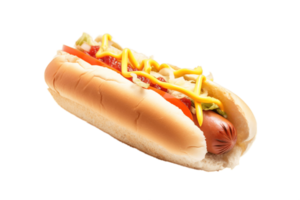 Fresh hot dog with sausage and sauces, mayonnaise, ketchup and mustard, and cabbage. AI png