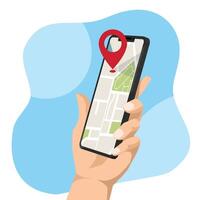 Hand holding mobile smart phone with Location mobile app. vector