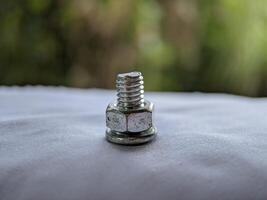 Macro of short nut and screw with blur on background photo