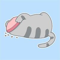 cat is laying on the ground with a pink bowl in its mouth vector