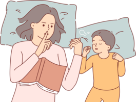 Overprotection from mother making gesture of silence, lying in bed with sleeping child, after reading fairy tales. Young girl demonstrates overprotection when raising son, wanting to keep baby slumber png