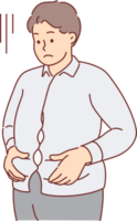 Overweight man is upset holding stomach, dressed in small shirt and needs to consult nutritionist. Overweight guy experiences psychological suffering due to lack of body positivity in philosophy png