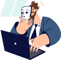 Man puts on mask, using internet and introduces himself as another person, sitting at table with laptop. Business guy with mask in hand, for concept of office hypocrisy and identity substitution png