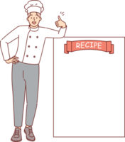 Man restaurant chef stands near blank recipe sheet and shows thumbs up as sign of approval of new menu. Copy space for recipe from chef, for preparing your own dish for lunch or dinner png