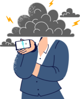 Woman uses cloud technologies to exchange messages with colleagues, stands under cloud covering head. Girl experiences anger and rage sending audio letter to subordinates via mobile technology. png