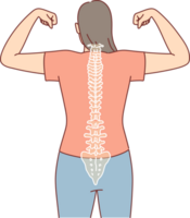 Woman with good posture and straight spine shows biceps, standing with back to camera. Strong casual girl proud of healthy posture thanks to going for massage to chiropractor or osteopath png