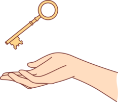 Golden key over woman hand to open safe with money or door to own house bought with mortgage. Golden key as metaphor for problem solving and having good way to solve complex issue. png