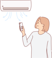 Woman stands under air conditioner and uses remote control to switch operating mode or change temperature. Working conditioner hangs on wall of room, near girl enjoying coolness and fresh air png
