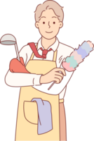 Business man in housewife apron is doing housework and cleaning or cooking after returning from work. Guy in formal clothes holds scrubber and brush for housework, while wife is away from home. png