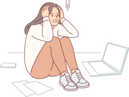 Upset cold woman suffering from stress or burnout, sitting on floor near papers and laptop. Problem of burnout in freelancer girl who suffered due to overload and mental pressure from manager png