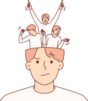 Man external calm hides joy and euphoria, in form of little people dancing inside head. Concept - emotional calm and substitution of emotion to obtain advantageous negotiating position png