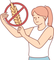 Woman holds gluten-free sign, urging people to stop eating foods containing grains and wheat. Crossed out spikelet as metaphor for gluten-free movement caused by allergies or desire to lose weight png