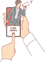 Spreading fake news and propaganda in mobile applications and instant messengers, inside phone in hands of person. Problem of misinformation or fake news negatively affecting emotional health of users png