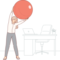 kvinna kontor chef gör gymnastik på arbetsplats, användningar pilates boll till sträcka ryggrad. företag lady håller på med sporter och kondition under ha sönder mellan arbete, framställning gymnastik Träning nära skrivbord png