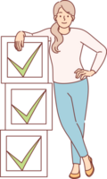 Woman stands near checkboxes with ticks symbolizing task management to increase productivity. Young casual girl uses task management to monitor progress and remind of important goals. png