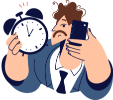 Man boss with alarm clock in hand calls subordinates reminding them that deadline for project is approaching. Manager communicates importance of meeting deadline and increasing productivity. png