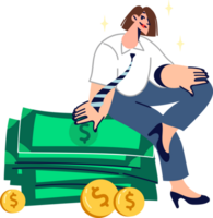 Rich woman sits on stack of money earned in business or from high-paying job, and thinks about where to invest money. Successful lady with large reserve capital feels financially secure png