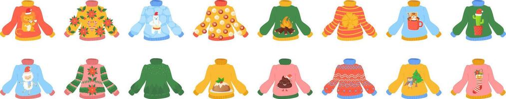 Navidad feo suéter conjunto con ridículo diseño, bricolaje onda. vector