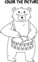 Kids coloring book page. Bear playing on drum vector
