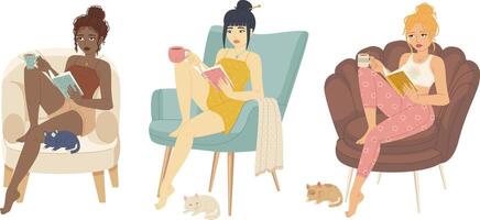conjunto de muchachas con gatos leyendo un libro a un confortable sillón. acogedor hogar ocio, libro gusano, yo educación concepto. racial diversidad concepto. vector