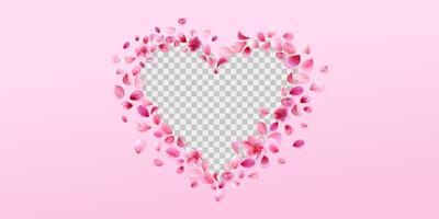 sakura petals heart frame isolated on pink background. Stock illustration isolated on white background. vector