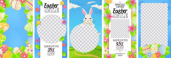 Easter sale story template kit. Easter bunny and eggs background with space for photo. vector