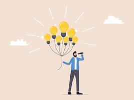 Innovative ideas, creativity and business plan development, suggestions and invention concepts. A visionary businessman holds a light bulb balloon and binoculars, symbolizing inspiration and wisdom. vector