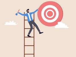 businessman standing at the top of the stairs, aiming an arrow at the target. Illustration of success, ideals and achieving targets in business and life. vector