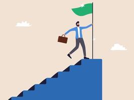 A businessman stands at the top of the stairs, taking the victory flag. Illustration of achievement, success, and remarkable accomplishment. vector