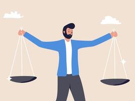 A businessman stands holding scales in both hands, his face reflecting deep confusion, illustrating the complexities and challenges of maintaining ethics and integrity in the business world. vector