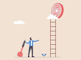 A man is holding an arrow, looking confused as the target is high on a staircase. This illustration represents the challenge of aiming high and facing ambitious goals. vector