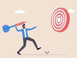 A businessman is throwing an arrow towards a target, symbolizing aiming for big goals in business. This illustration captures ambition, determination, and the drive to achieve significant milestones. vector