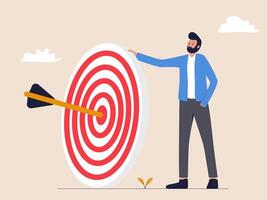 A businessman is holding a target and arrow, symbolizing aspiration and motivation in business. The illustration reflects the determination to achieve goals and the drive to succeed. vector