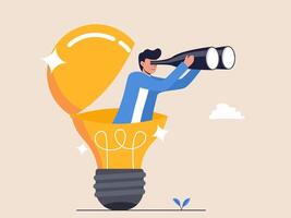 A businessman uses binoculars in an open bulb, resembling a seashell. Illustration of creativity and vision for spotting business opportunities. vector