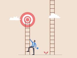 A businessman climbs a ladder towards an arrow target. Faced with two ladders, he chooses the one aligned with the target, symbolizing strategic decision-making and goal-oriented focus. vector