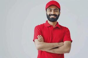 Happy Indian delivery man in red uniform. photo