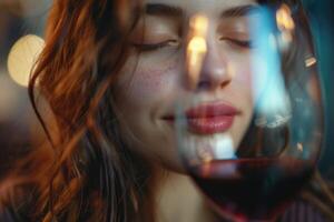 Closeup portrait of young female customer drinking red wine with eyes closed photo