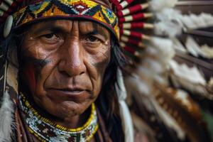 Reconstructed North American Indian in traditional attire. photo