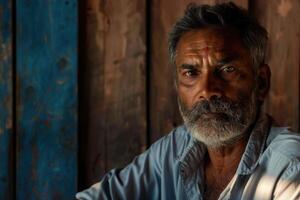 Portrait of a pleasant looking man of Indian origin against a wooden background photo