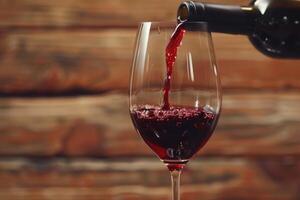 Red wine pouring into glass on wooden background. photo