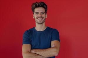 Happy young man in casual attire with crossed arms. photo